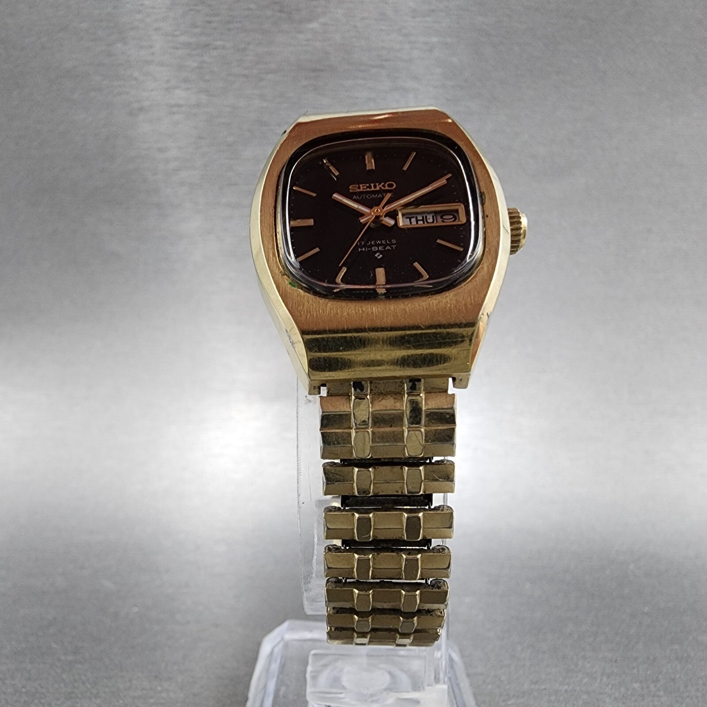 Seiko Automatic Watch Women 25mm Black Dial Gold Tone Daydate Rectangle Runs5