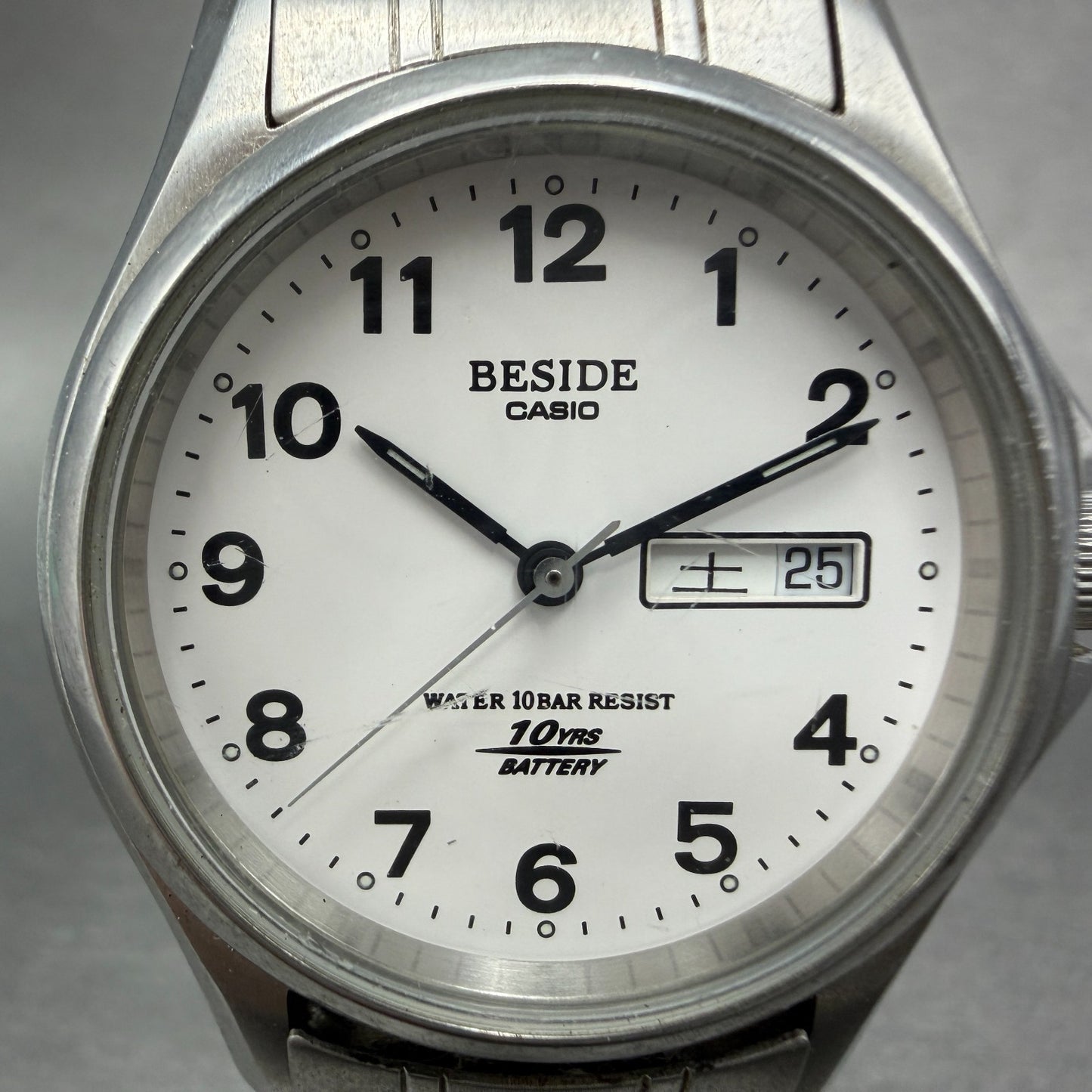 Casio Beside Watch Men 35mm Silver Dial Steel Daydate Round BES-105 New Battery1