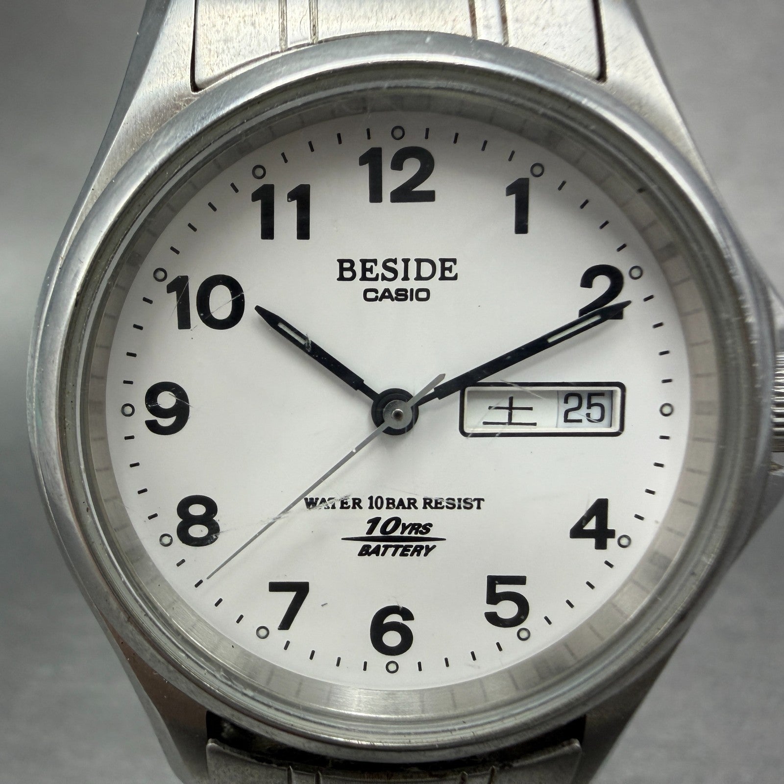 Casio Beside Watch Men 35mm Silver Dial Steel Daydate Round BES-105 New Battery1