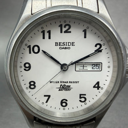 Casio Beside Watch Men 35mm Silver Dial Steel Daydate Round BES-105 New Battery1