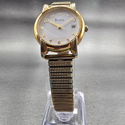 Bulova Watch Women 24mm White Dial Gold Tone Date Round 97M14 New Battery5