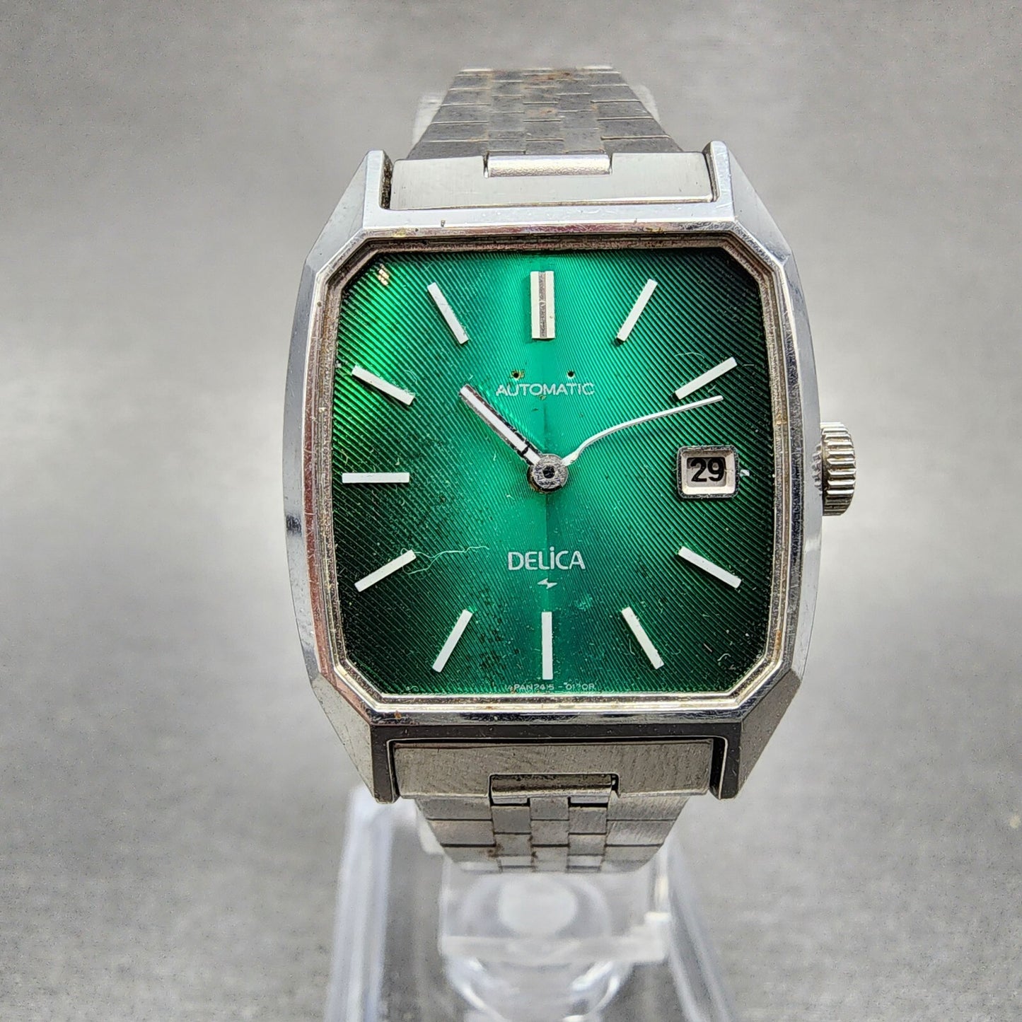 VTG Seiko Delica Tank Watch Women 25mm Green Dial Date Steel NO CRYSTAL Runs0
