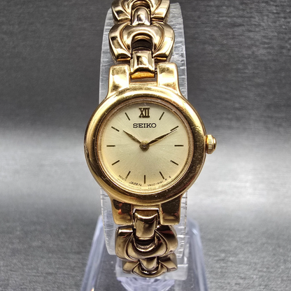 Seiko Watch Women 19mm Champagne Dial Gold Tone Round V400-1130 New Battery VTG0