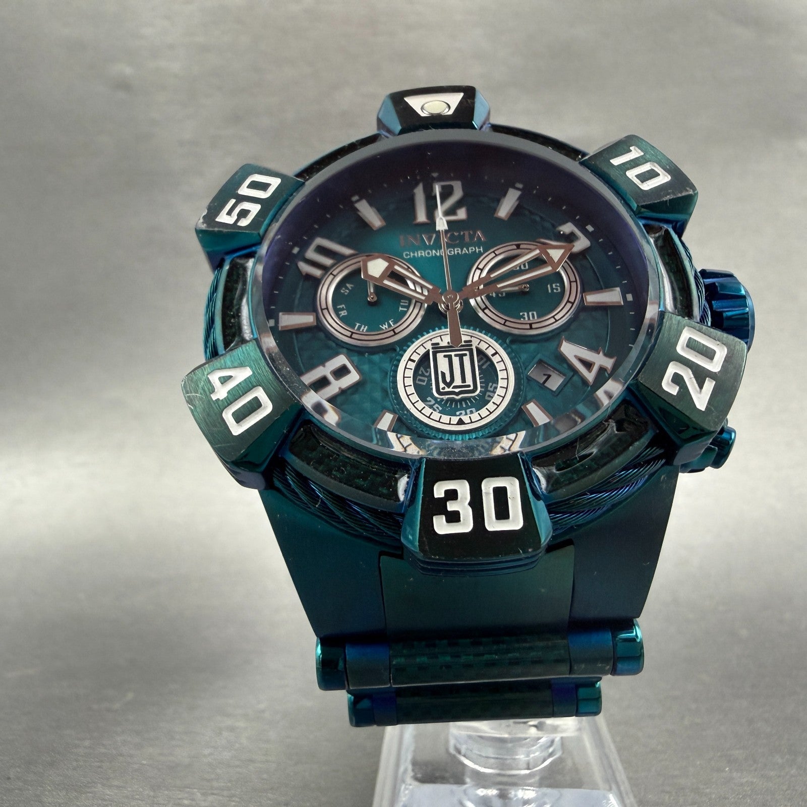 Invicta Jason Taylor Chrono Watch Men 52mm Blue Dial Green Daydate 40432 NewBatt5