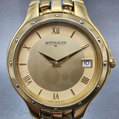 Wittnauer Watch Men 35mm Gold Dial Gold Tone Date Round JV8223 9514 New Battery