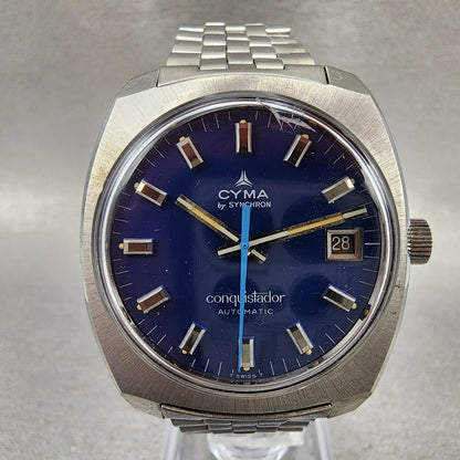 Cyma Conquistador Automatic Watch Men 34mm Blue Dial Steel Date Round Runs