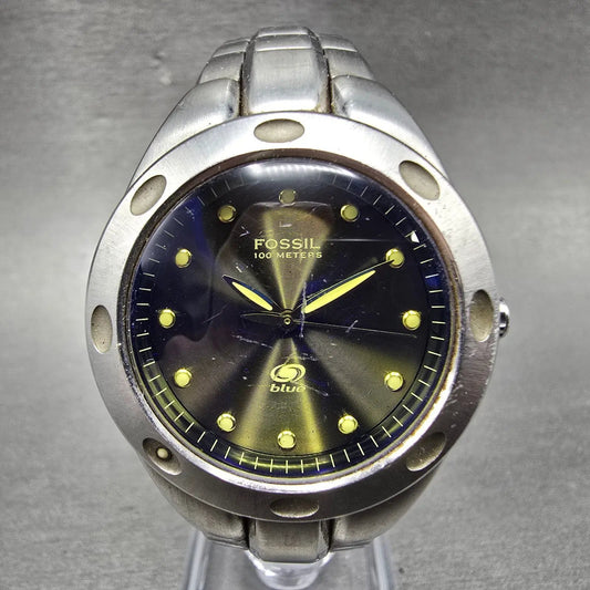 Fossil Blue Watch Unisex 35mm Black Dial Silver Tone Round AM-3390 New Battery0