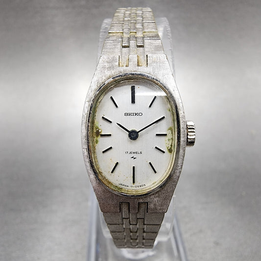 Seiko Watch Women 17mm Silver Dial Gold Plated Oval Manual Wind 17-7100 Runs