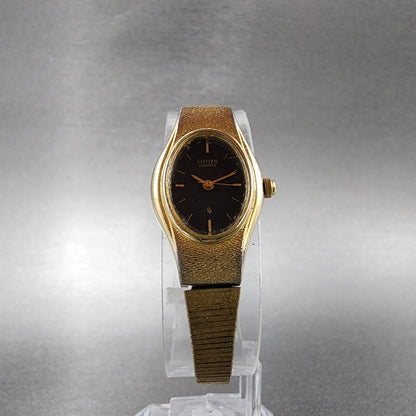 VTG Citizen CQ Watch Women 16mm Black Dial Gold Tone Oval 5930-S25350 New Batt