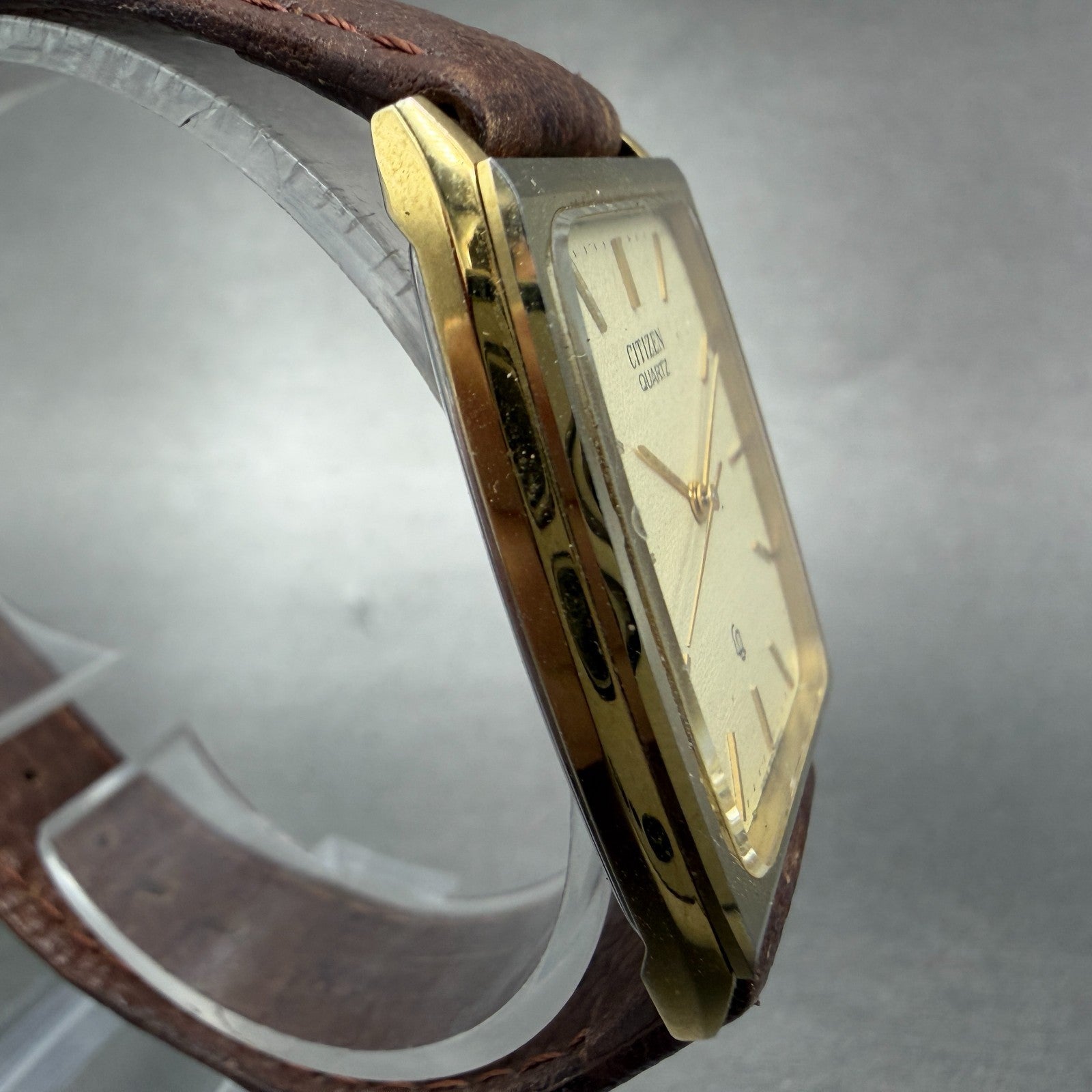Citizen CQ Tank Watch Men 29mm Champagne Dial Gold Tone 4-798953 New Battery3