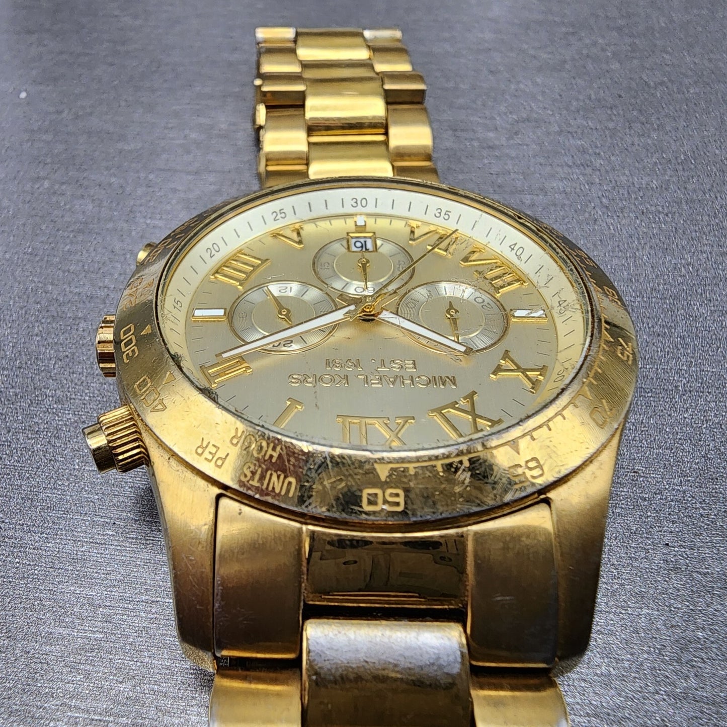 Michael Kors Layton Watch Men 44mm Champange Dial Gold Tone Date Round READ!!!!!4