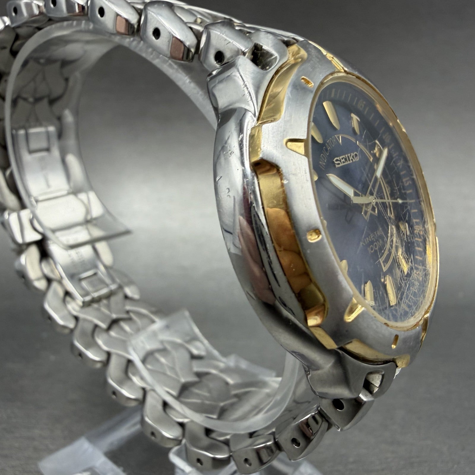 Seiko Kinetic Watch Men 39mm Blue Dial two Tone Date Round 5M62-0D10 New Cap3