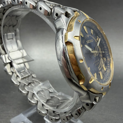 Seiko Kinetic Watch Men 39mm Blue Dial two Tone Date Round 5M62-0D10 New Cap3