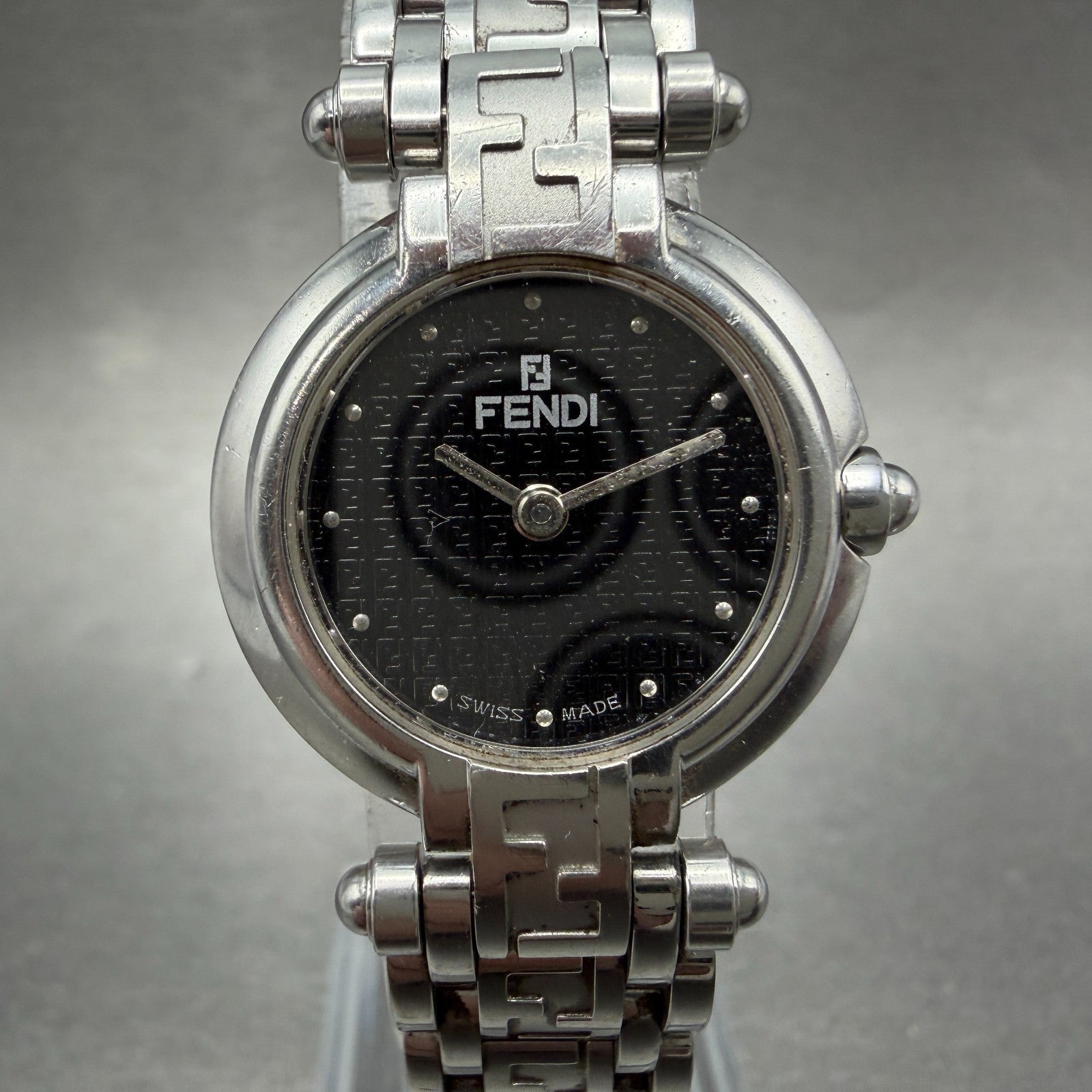 Fendi Watch Women 25mm Black Dial Silver Tone Round 750L New Battery Vintage0