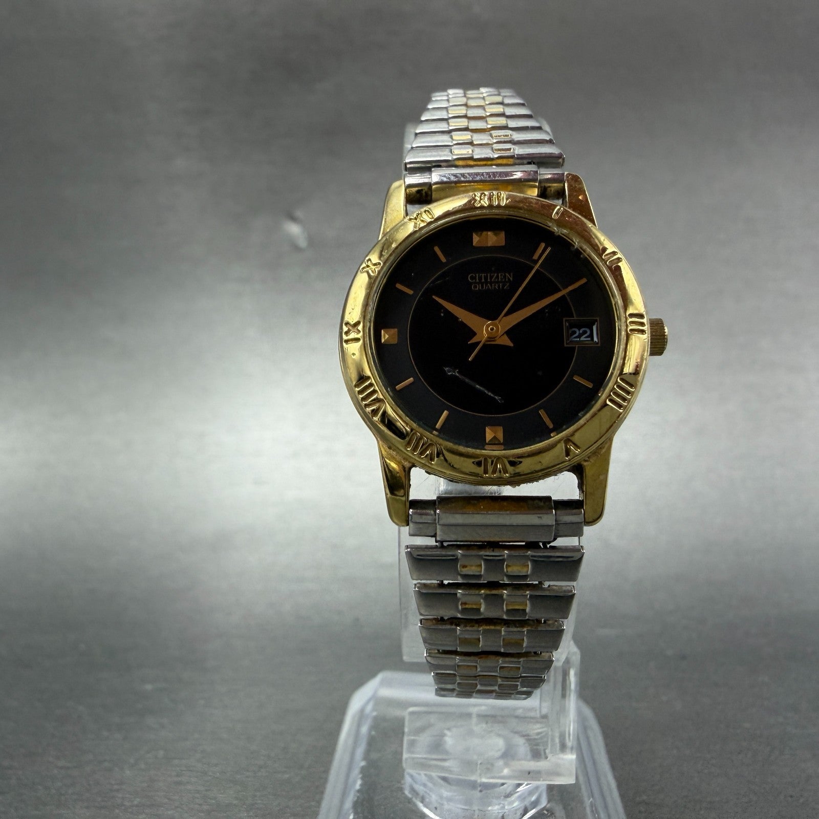 Citizen Watch Women 24mm Black Dial Gold Tone Date 1012-K13131 New Battery VTG5