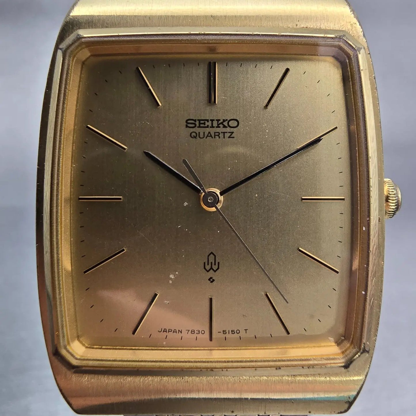 Seiko Watch Men 29mm Gold Dial Gold Tone Rectangle 7830-5150 New Battery Vintage1