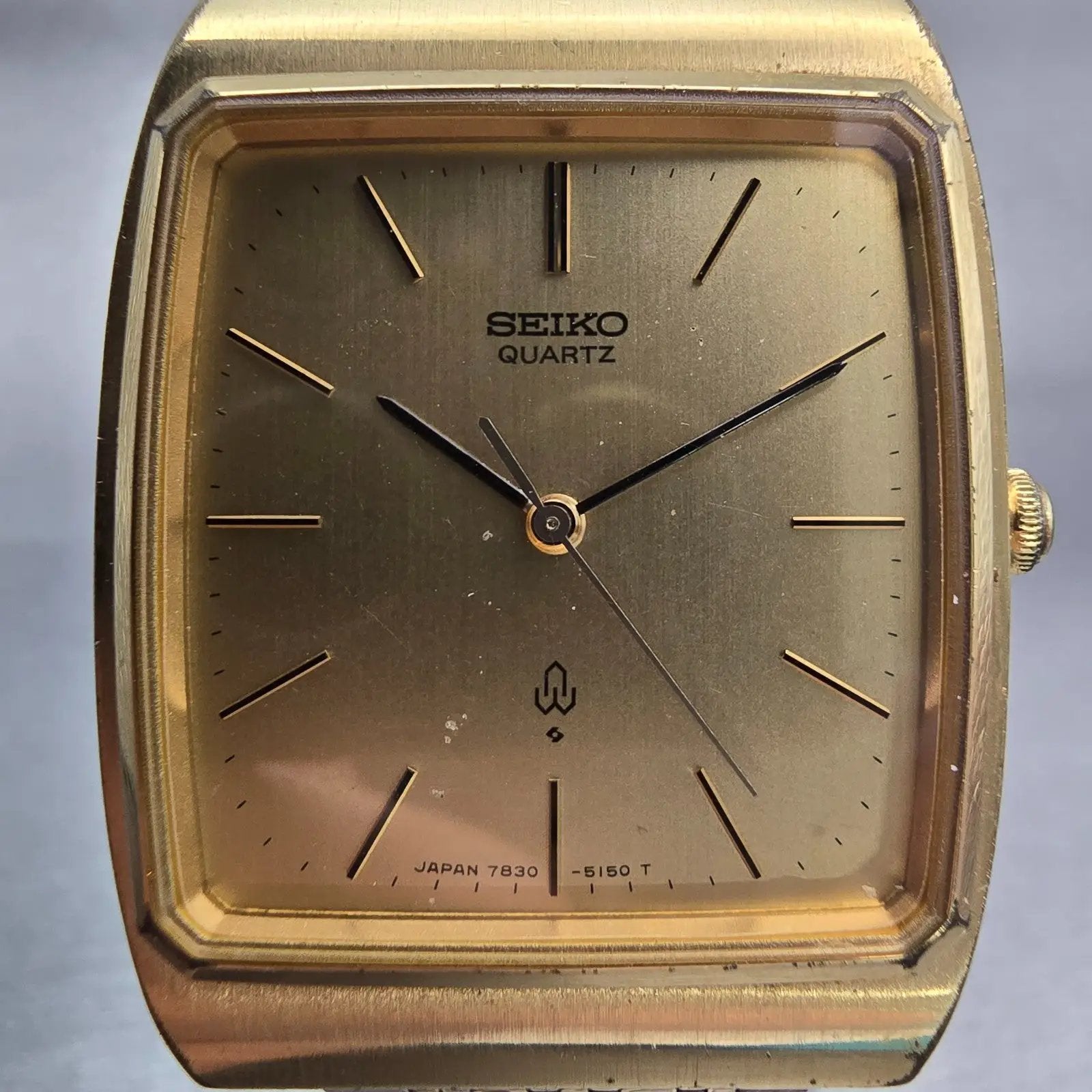 Seiko Watch Men 29mm Gold Dial Gold Tone Rectangle 7830-5150 New Battery Vintage1