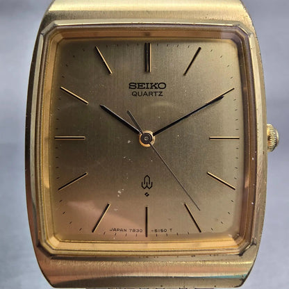 Seiko Watch Men 29mm Gold Dial Gold Tone Rectangle 7830-5150 New Battery Vintage1