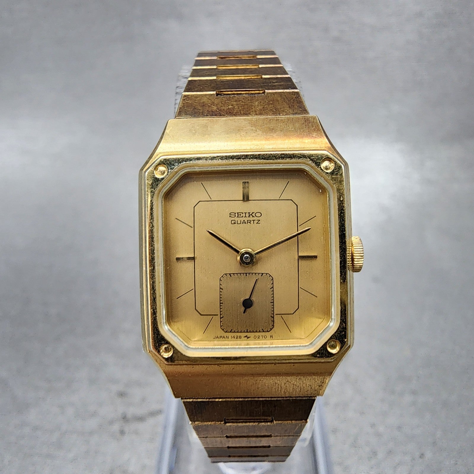 Seiko Tank Watch Women 20mm Champagne Dial Gold Tone 14285089 New Battery0