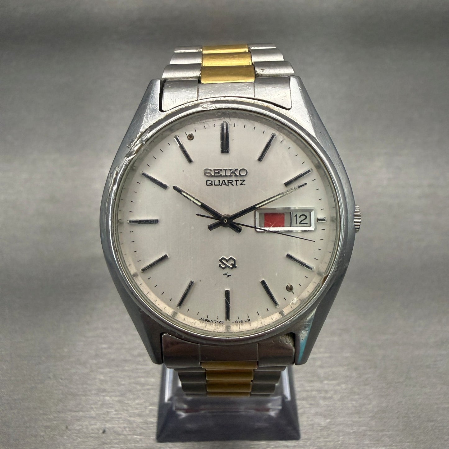 Seiko SQ Watch Men 35mm Silver Dial Two Tone Daydate Round 7123-8460 New Battery0