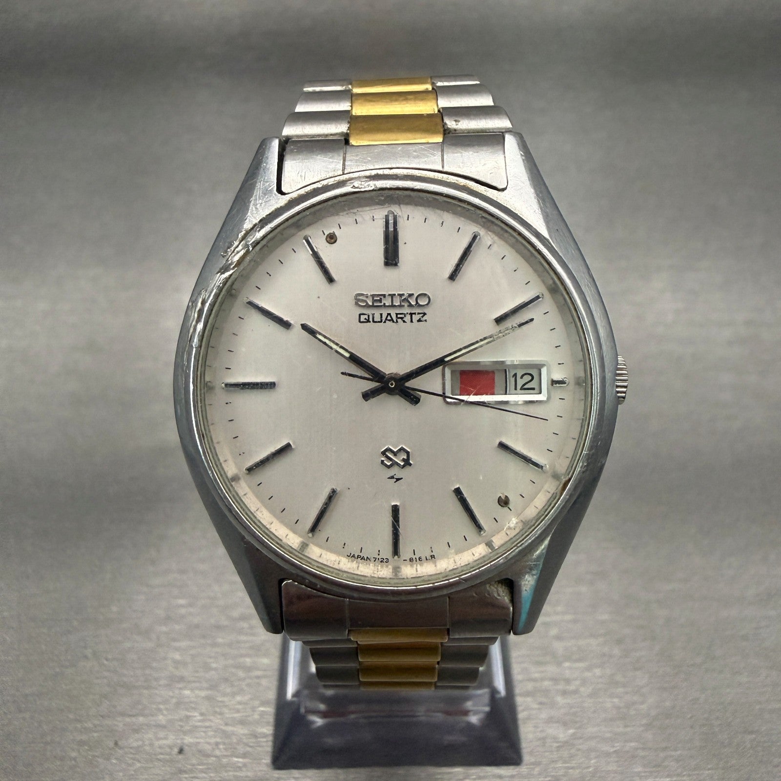 Seiko SQ Watch Men 35mm Silver Dial Two Tone Daydate Round 7123-8460 New Battery0