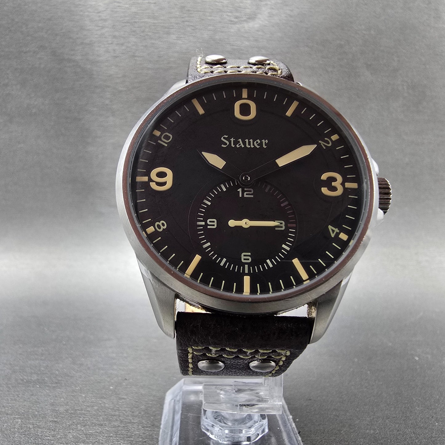 Stauer Midnight Aviator Watch Men 44mm Black Dial Steel 41026 New Battery5