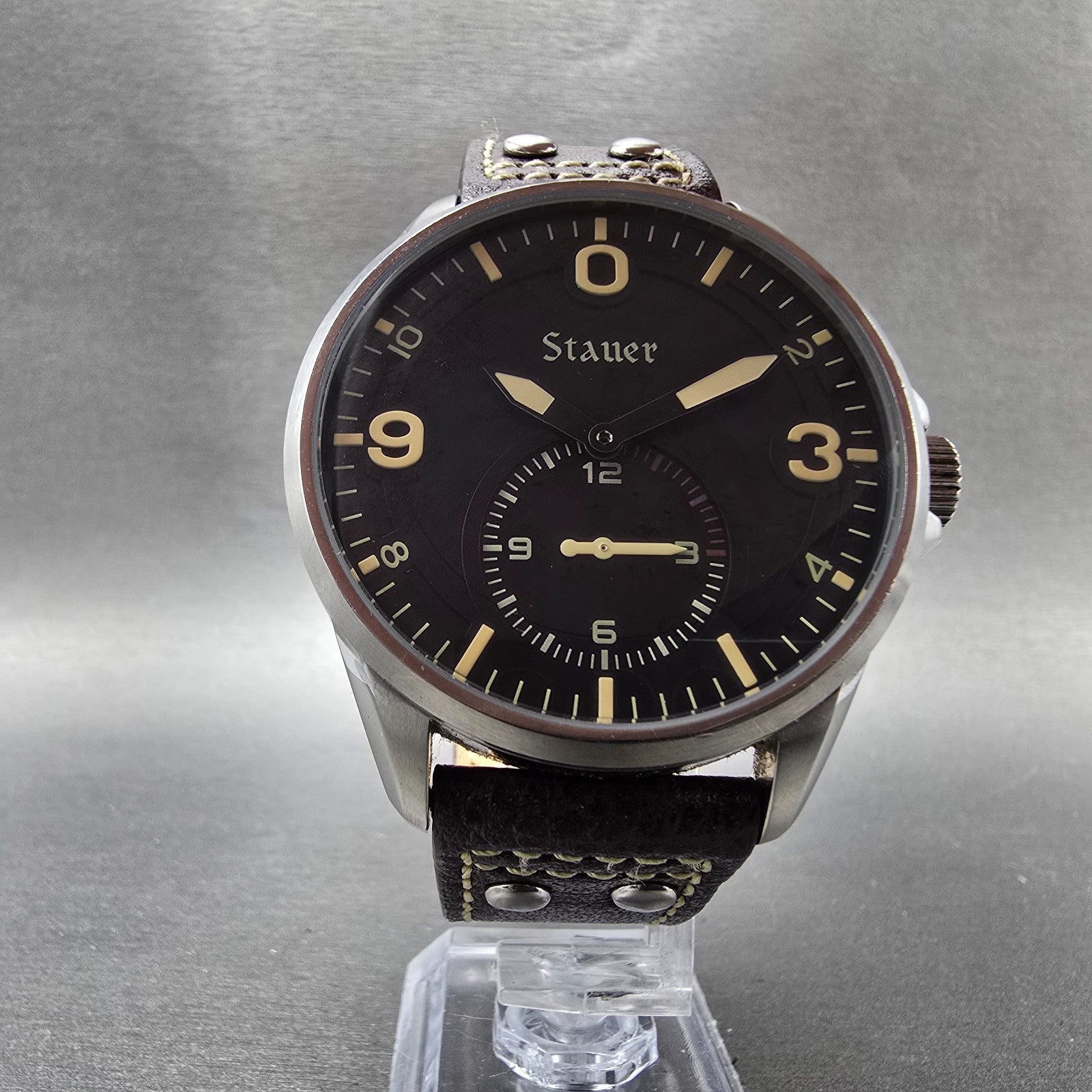 Stauer Midnight Aviator Watch Men 44mm Black Dial Steel 41026 New Battery5