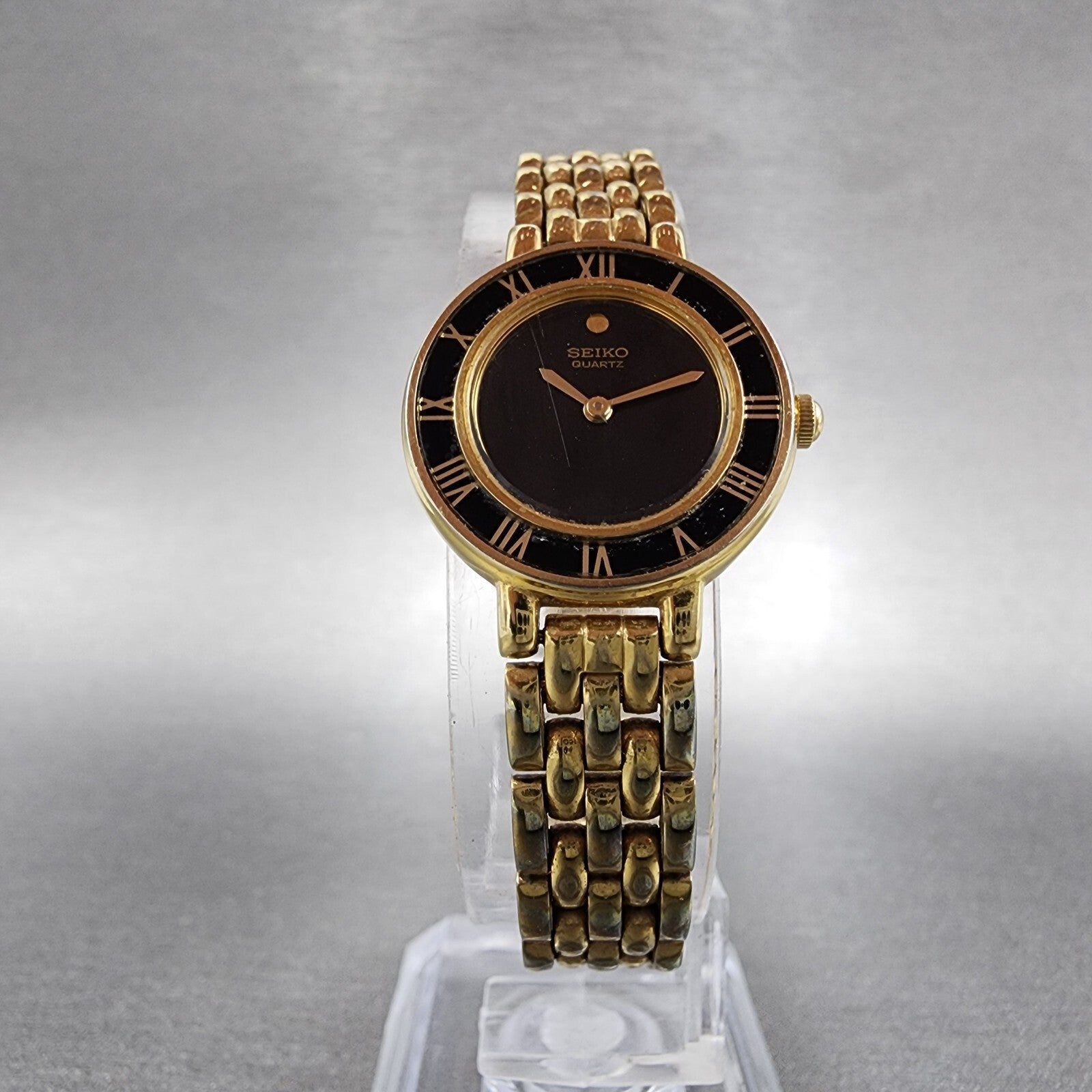 Seiko Watch Women 21mm Black Dial Gold Tone Round 1N000D29 New Battery5