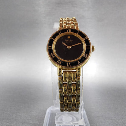 Seiko Watch Women 21mm Black Dial Gold Tone Round 1N000D29 New Battery5