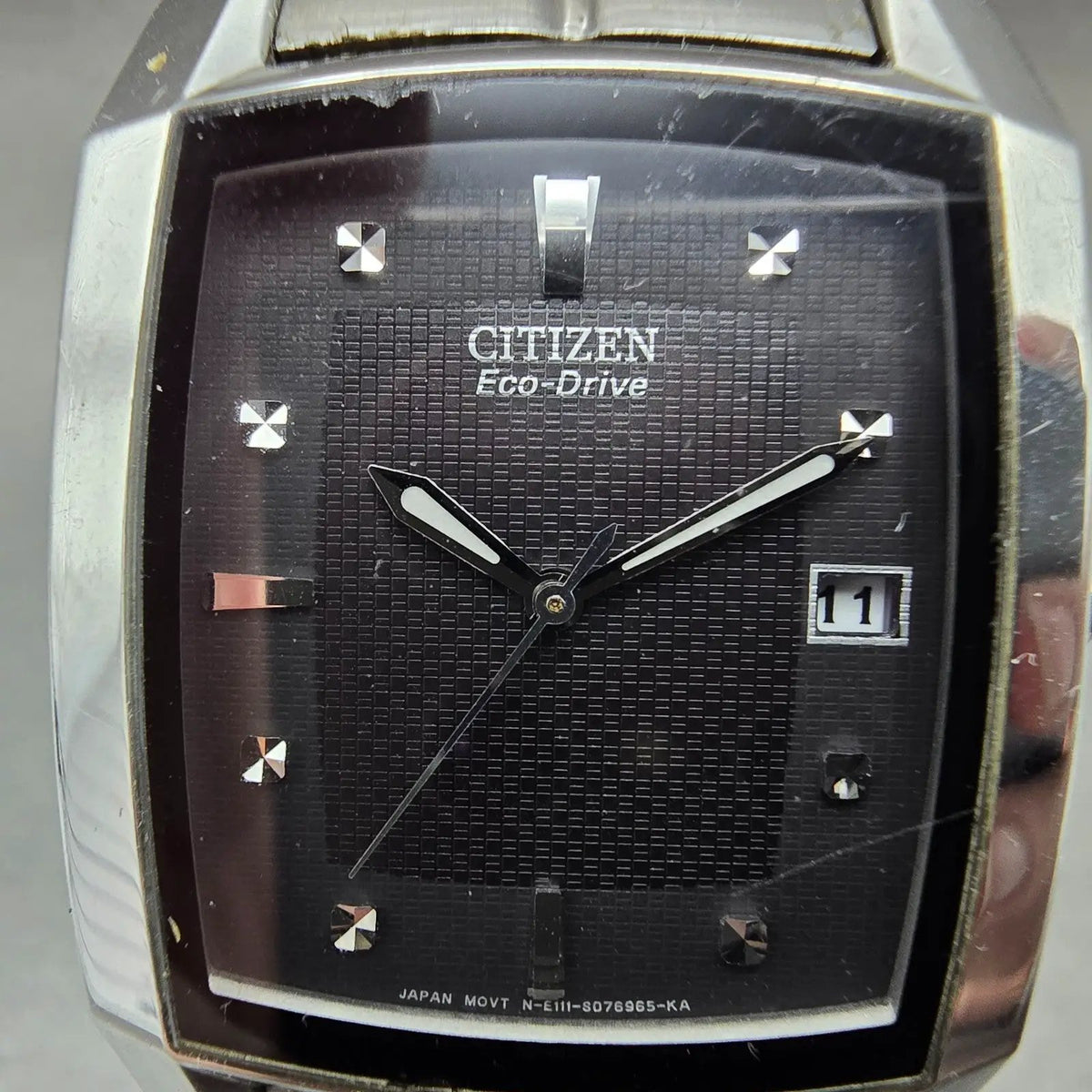 Citizen Eco-Drive Tank Watch Men 31mm Black Dial Steel Date E111-S049385 Runs JP1
