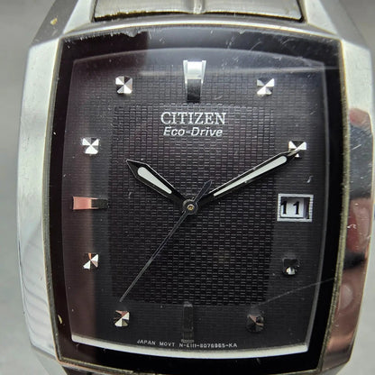Citizen Eco-Drive Tank Watch Men 31mm Black Dial Steel Date E111-S049385 Runs JP1