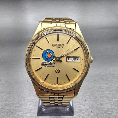 Seiko SQ Watch Men 34mm Gold Dial Gold Tone Daydate Round 5H23-7009 New Battery0