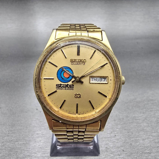Seiko SQ Watch Men 34mm Gold Dial Gold Tone Daydate Round 5H23-7009 New Battery0