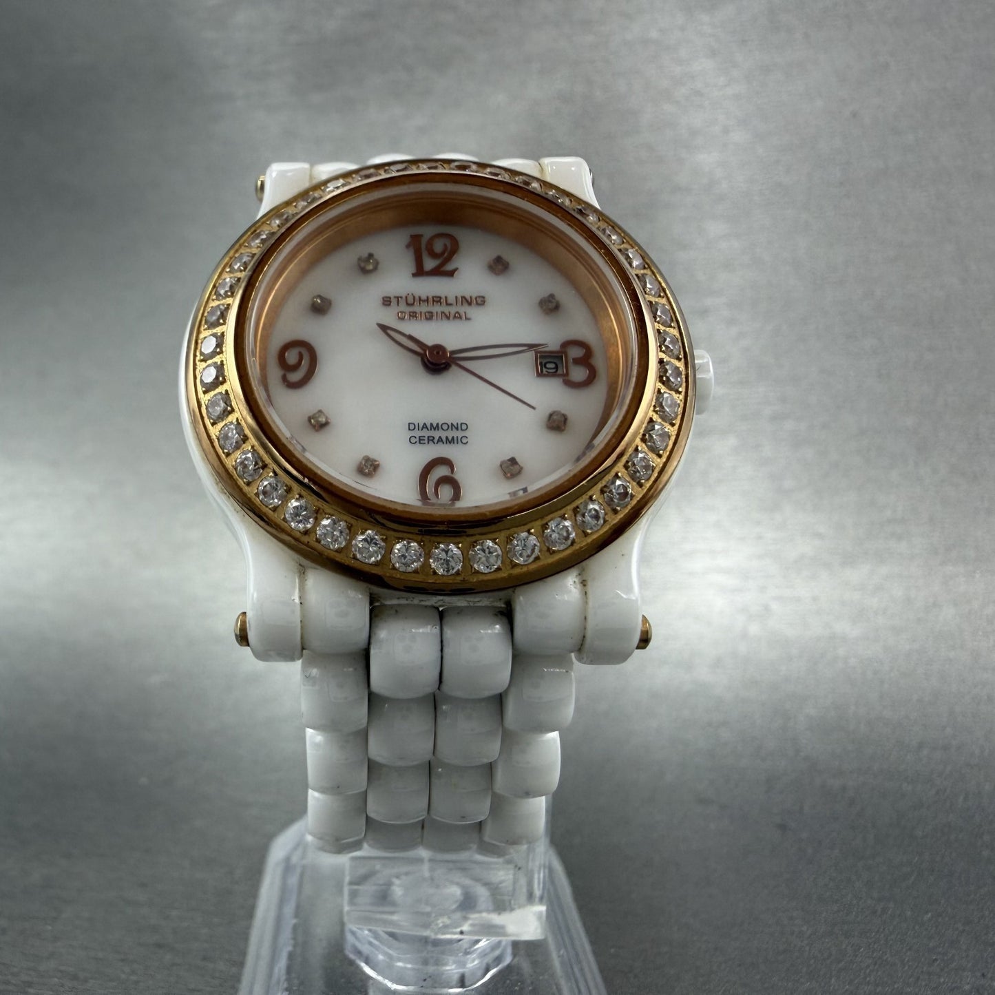 Stuhrling Fusion Watch Women 35mm MOP Dial Whiter Ceramic Diamond Bezel New Batt5