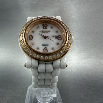Stuhrling Fusion Watch Women 35mm MOP Dial Whiter Ceramic Diamond Bezel New Batt5