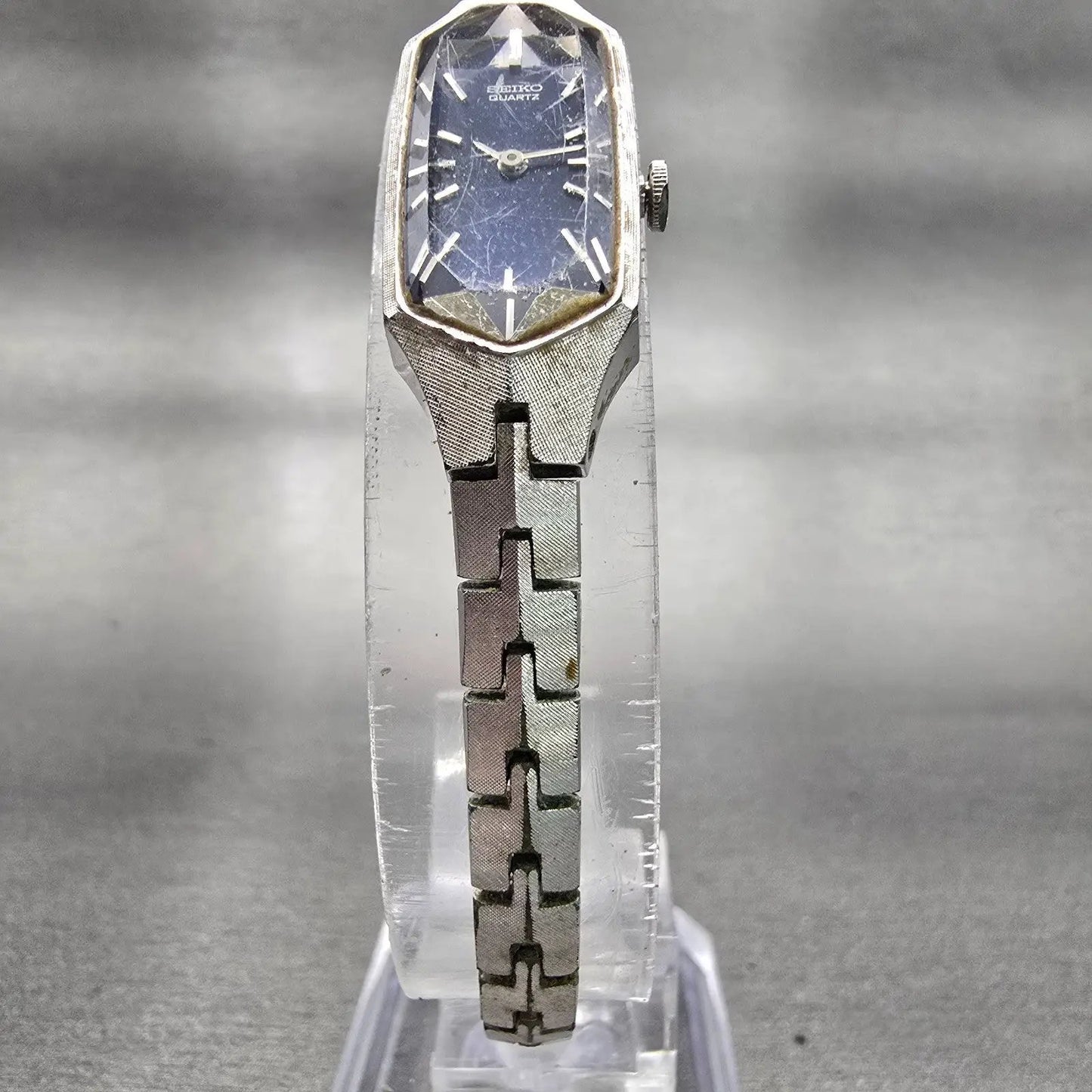 Seiko Watch Women 12mm Blue Dial Silver Tone Rectangle 1320-5339 New Battery VTG5