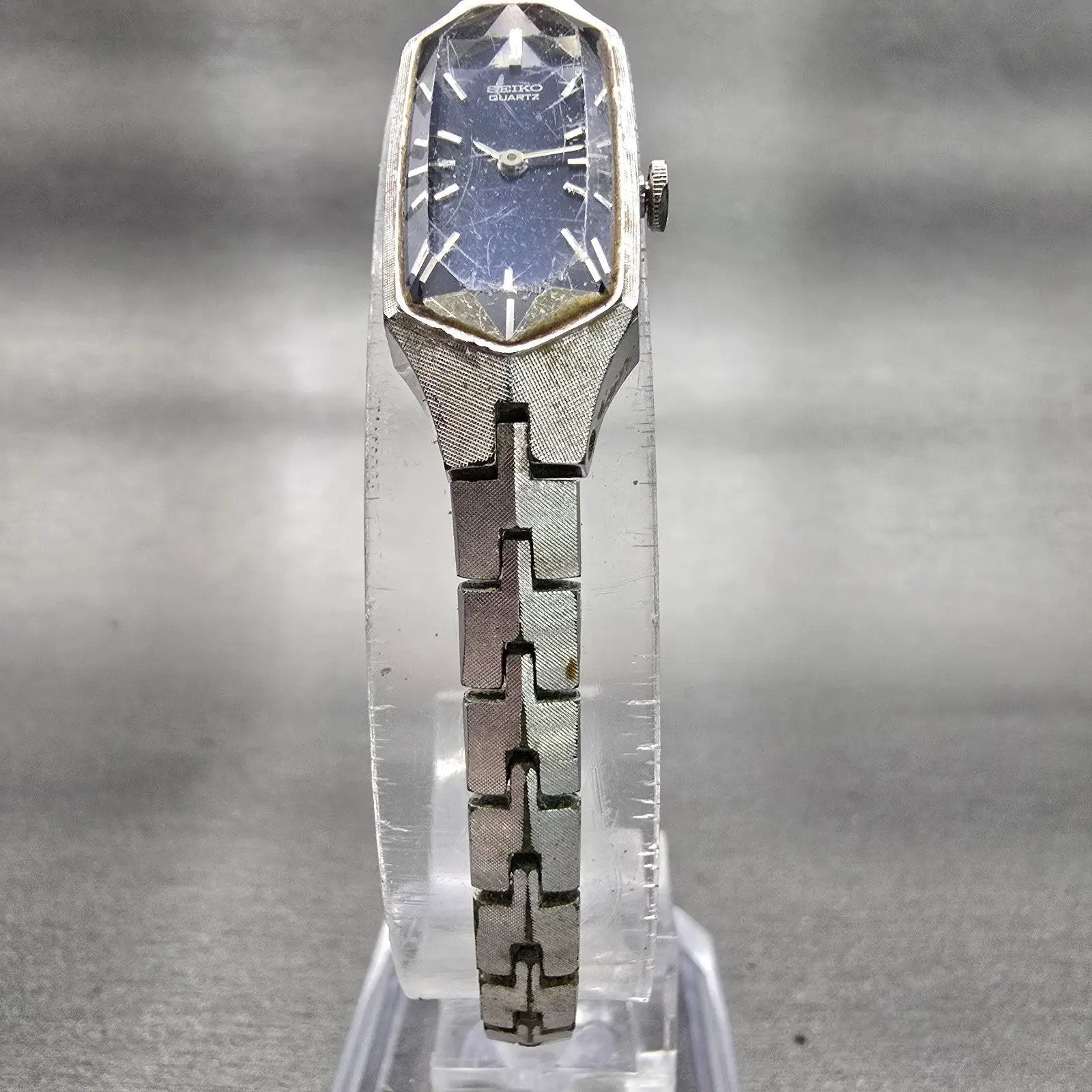 Seiko Watch Women 12mm Blue Dial Silver Tone Rectangle 1320-5339 New Battery VTG5