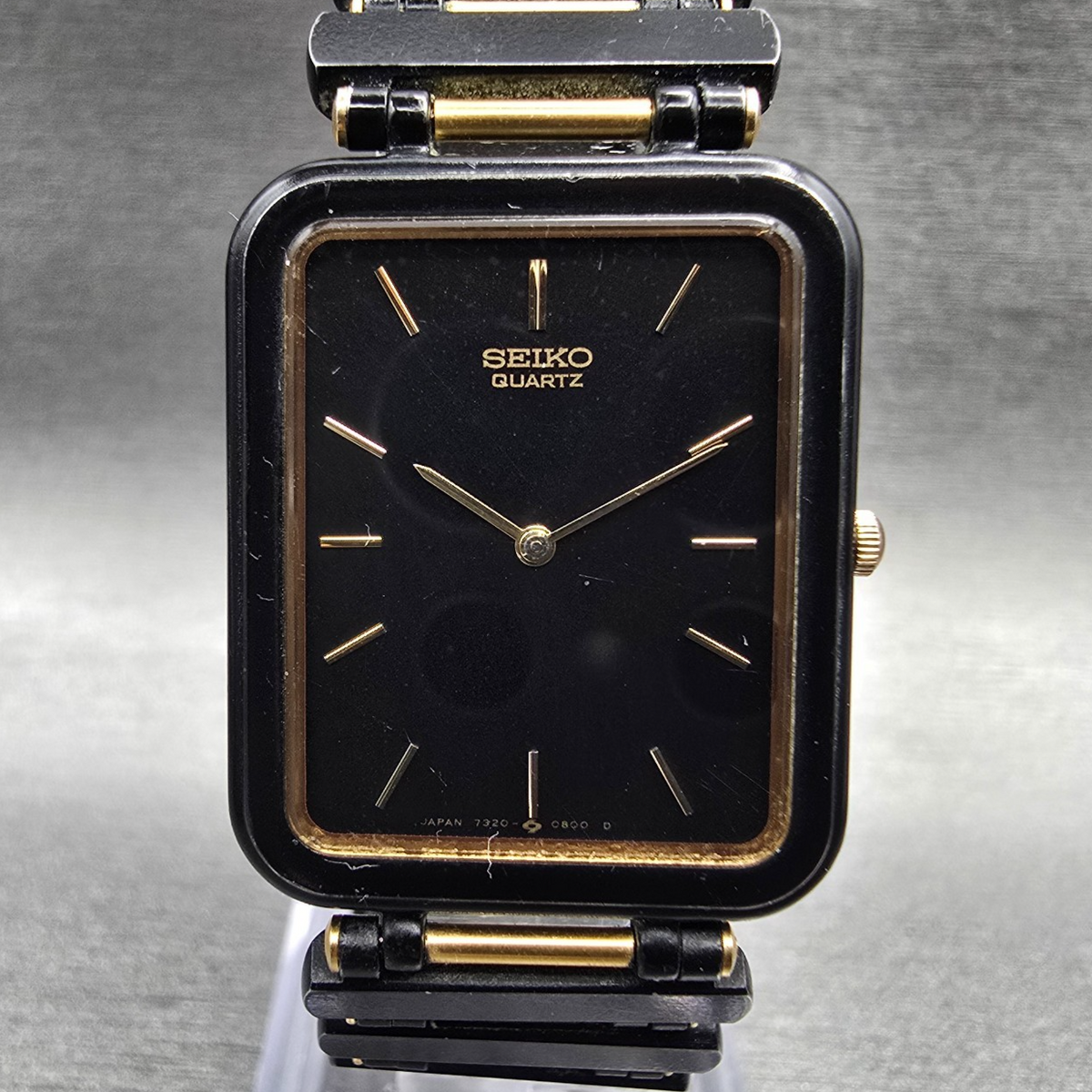 Seiko Tank Watch Men 24mm Black Dial Two Tone Rectangle 7320-5989 New Battery0