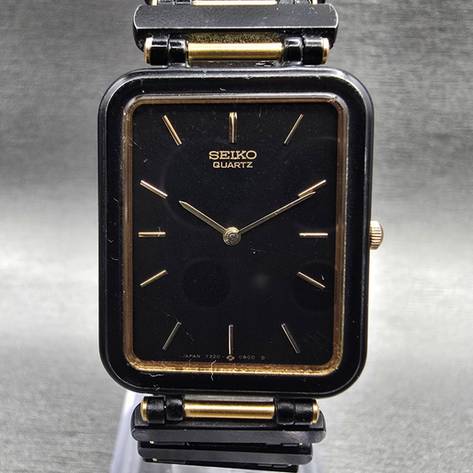 Seiko Tank Watch Men 24mm Black Dial Two Tone Rectangle 7320-5989 New Battery0