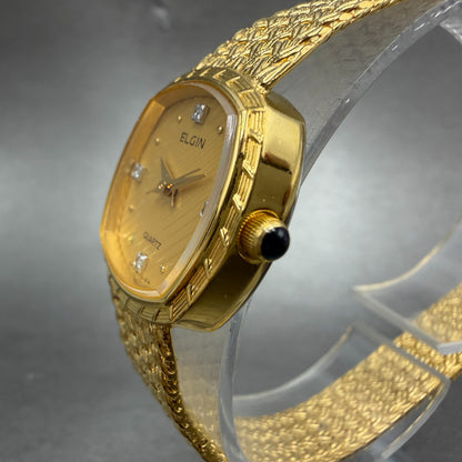 Elgin Watch Women 22mm Gold Dial Gold Tone Rectangle FK267 New Battery VTG ABC2