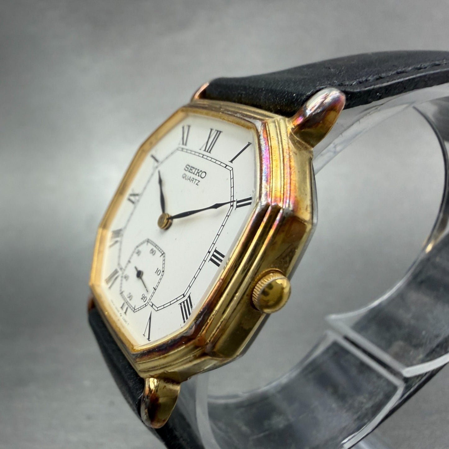 Seiko Watch Men 30mm White Dial Gold Tone Octagon 2628-5040 New Battery Vintage2