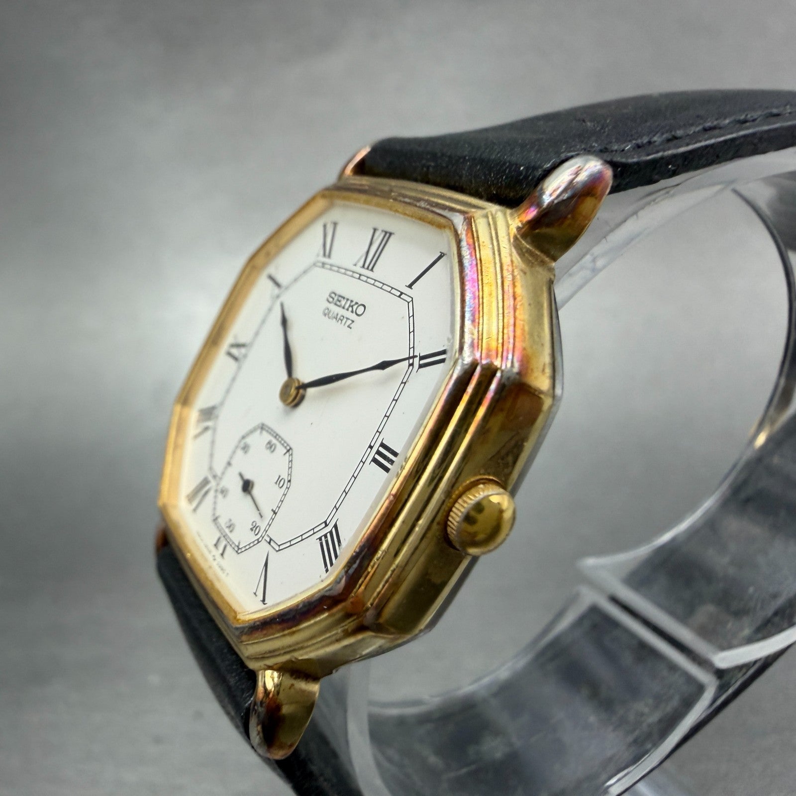 Seiko Watch Men 30mm White Dial Gold Tone Octagon 2628-5040 New Battery Vintage2