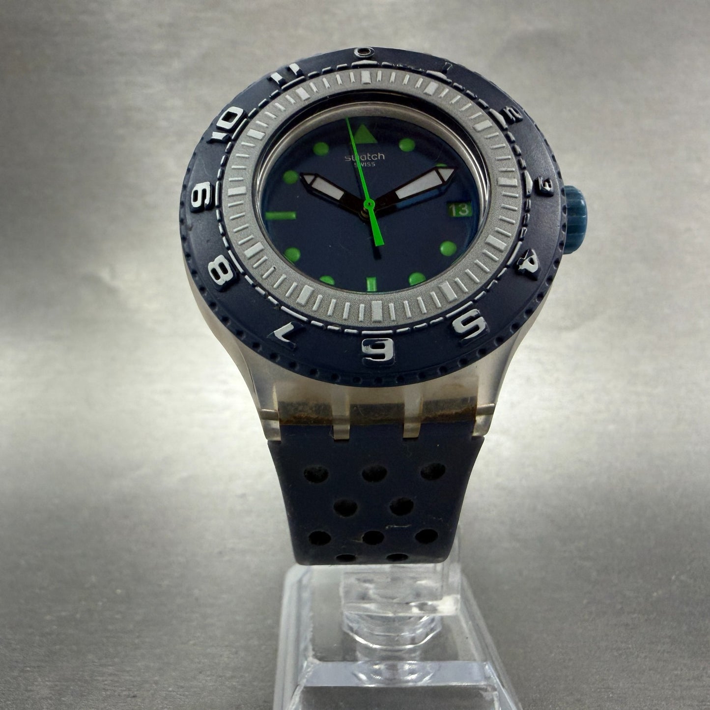 Swatch Flow Through Dive Watch Men 44mm Blue Dial Clear Case Date Round NewBatt5