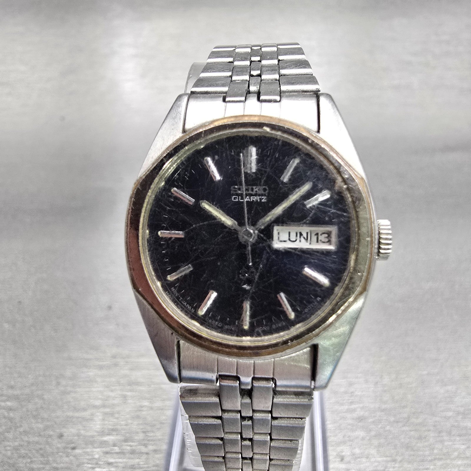 Seiko SQ Watch Women 24mm Black Dial Silver Tone Daydate Round 8523-0060 New Bat0