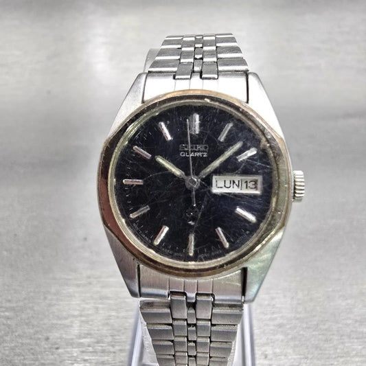 Seiko SQ Watch Women 24mm Black Dial Silver Tone Daydate Round 8523-0060 New Bat0