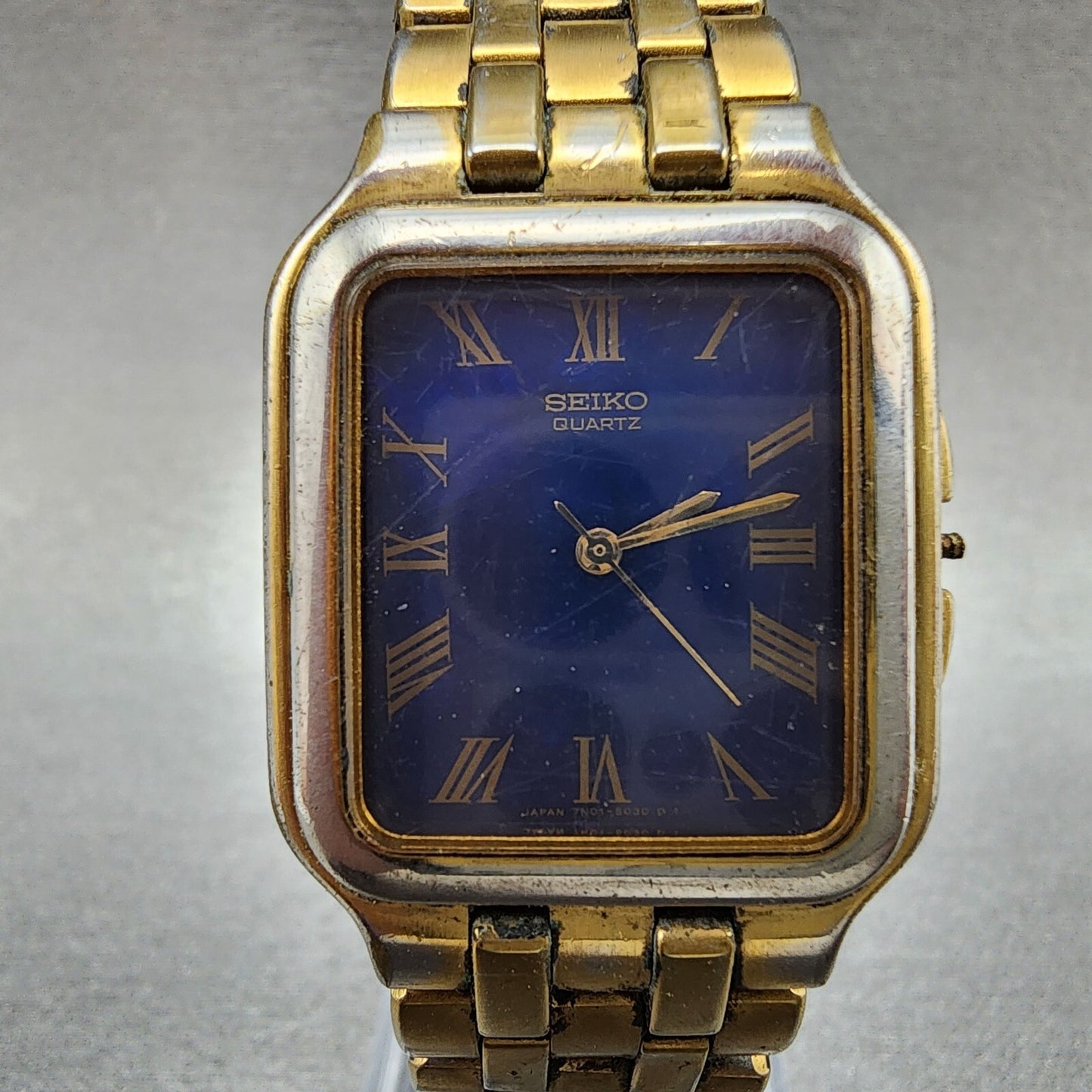 Seiko Tank Watch Men 27mm Blue Dial Gold Tone 7n015009 New Battery READ!!!!!!!!1