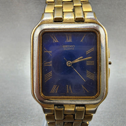 Seiko Tank Watch Men 27mm Blue Dial Gold Tone 7n015009 New Battery READ!!!!!!!!1