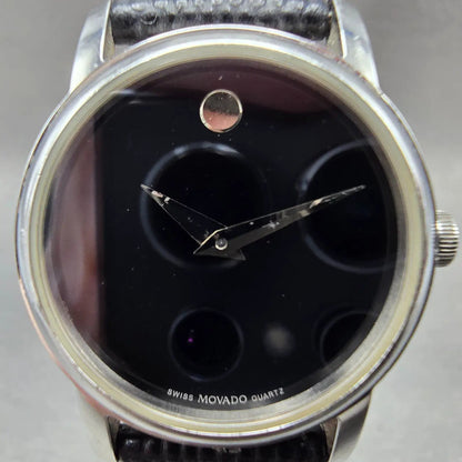 Movado Museum Watch Men 39mm Black Dial Steel Round Leather 2100002 New BatteryJ1