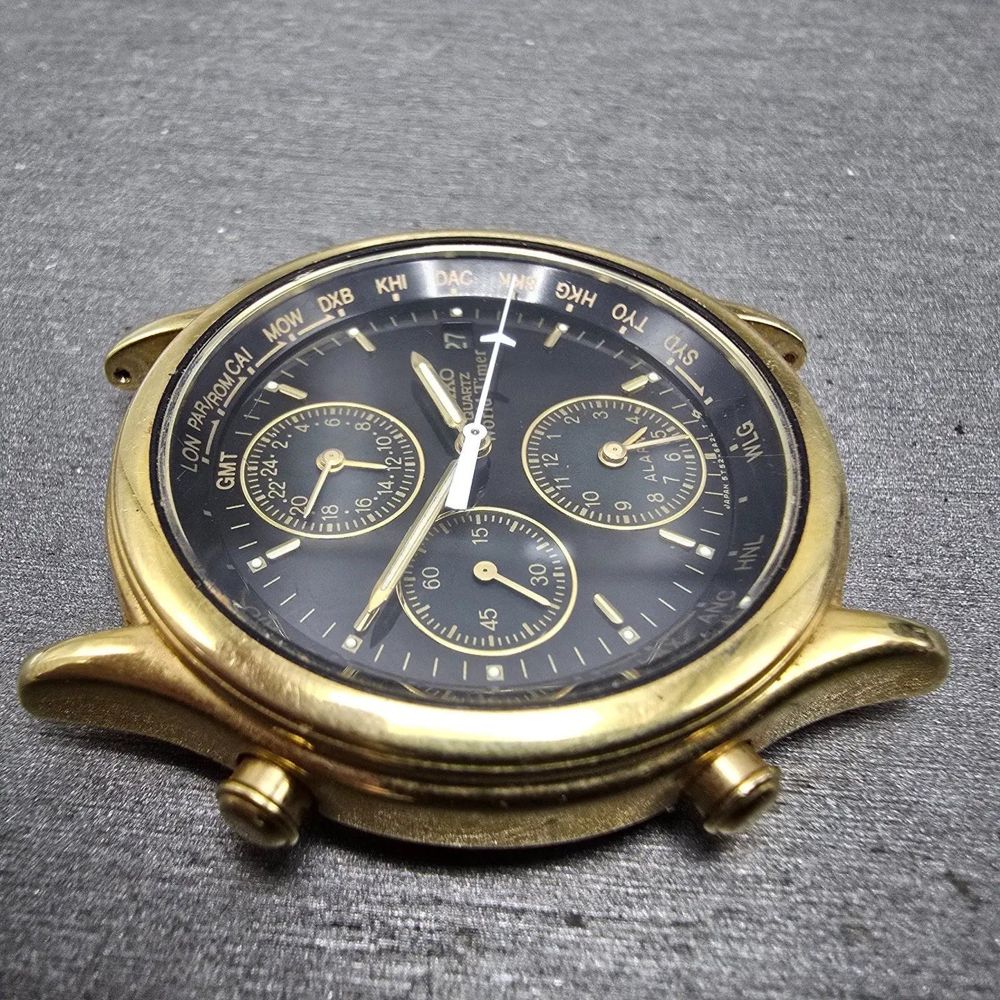 Seiko World Time Watch Men 37mm Black Dial Gold Tone Alarm Date 5T52-6A39 PARTS74