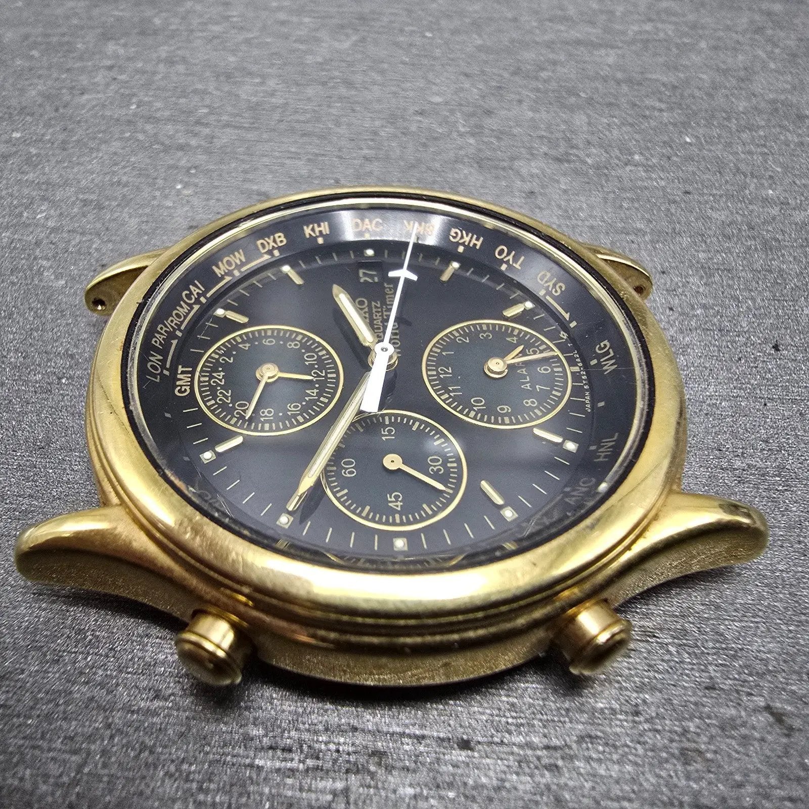 Seiko World Time Watch Men 37mm Black Dial Gold Tone Alarm Date 5T52-6A39 PARTS74